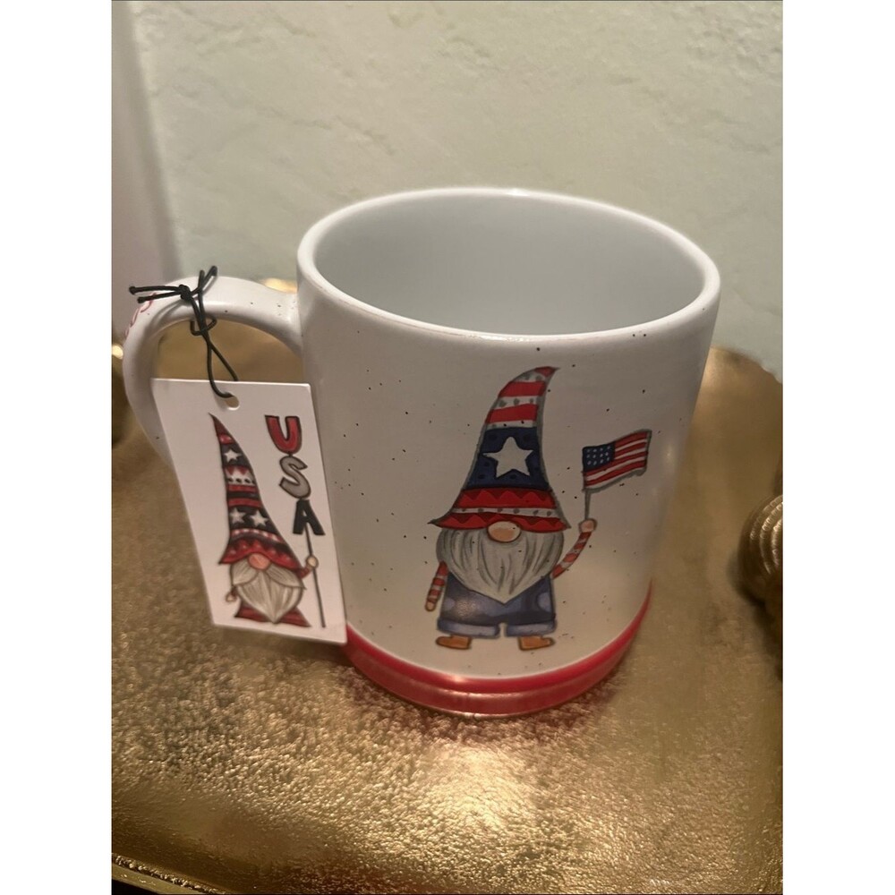 #2080**Patriotic Gnome Ceramic Coffee Mug - Red, White & Blue